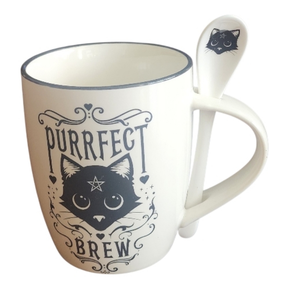 Alchemy Gothic Purrfect‎ Brew Cat Mug with Spoon Black White 13 Oz